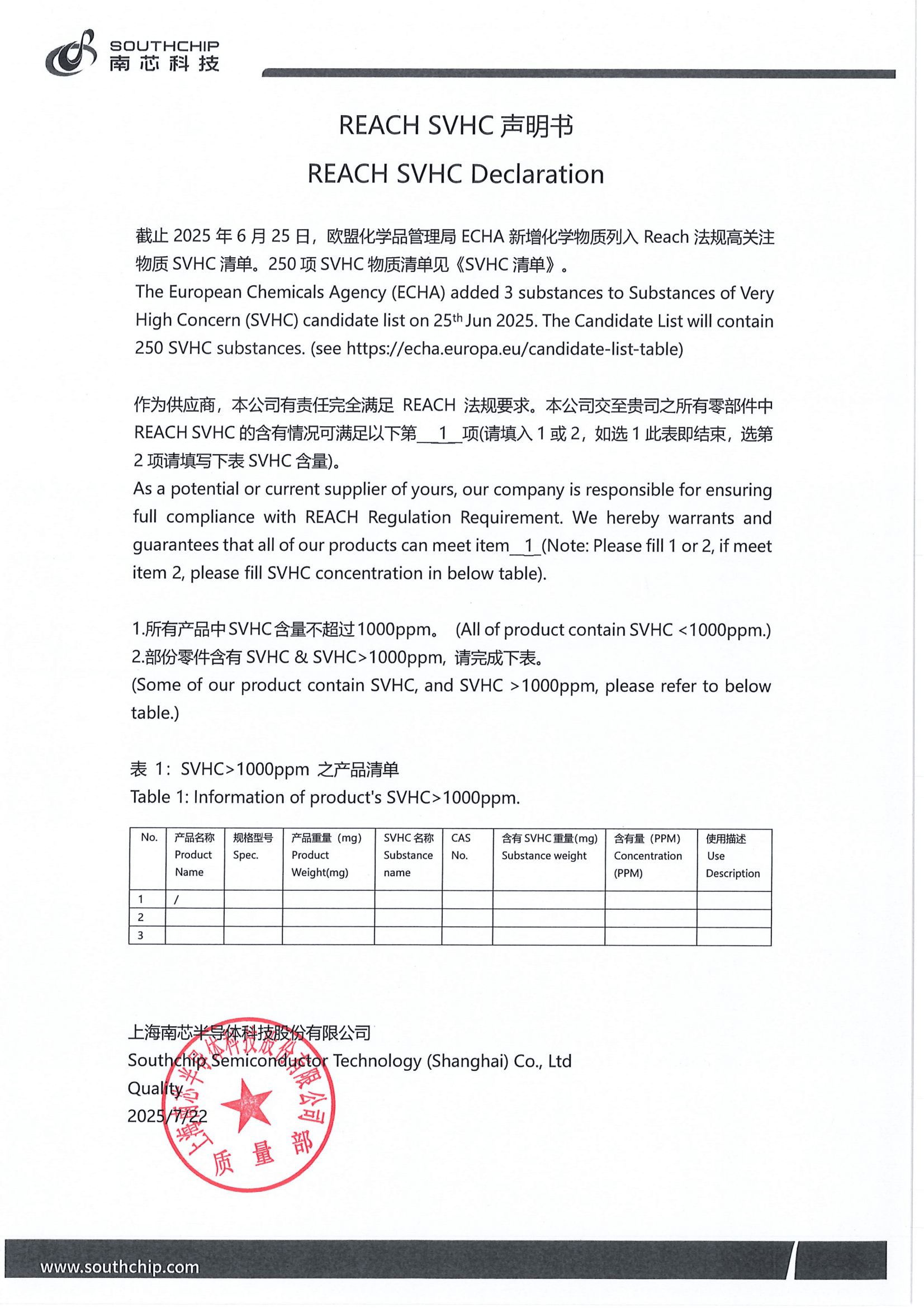 REACH SVHC Declaration